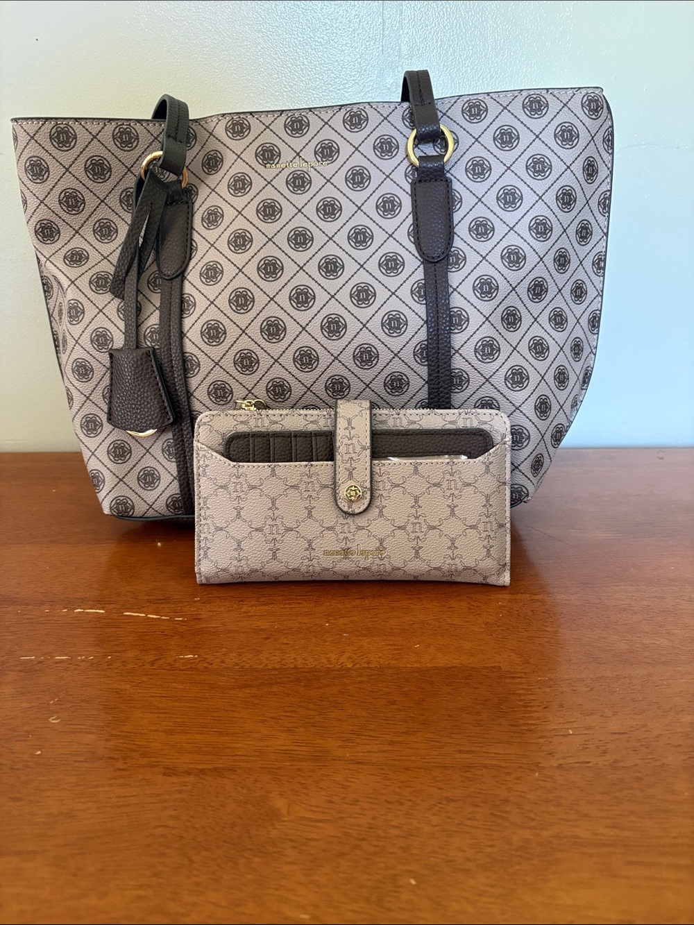 Nanette Lepore Brown & Gray Logo-Print Tote with Matching Wallet